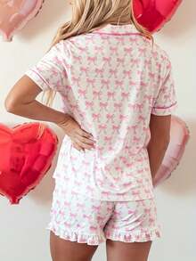 2-Piece Women's Summer Pajama Set, Pink, Bow Tie, Short-Sleeved, Shorts, Casual, Suitable For Outings - Hồng - Xem 3
