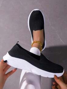 Women's Knitted Elastic Slip-On Casual Sneakers, Minimalist Versatile Lightweight Comfortable Soft-Sole Sock Shoes, Mesh Breathable Non-Slip Running Shoes - Black - View 3