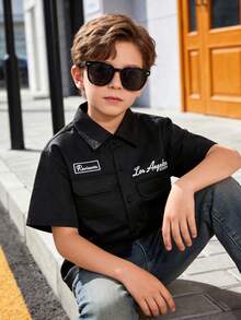 Tween Boy's Casual Fashion Collegiate Retro Style City Name Letter Print Polo Collar Short Sleeve Shirt With Pockets And Front Buttons, Black, Suitable For Outdoor, Back To School, Commute, Social Gatherings, Spring/Summer - Black - View 3