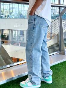 男士时尚水洗工装牛仔裤 - 淺色水洗藍 - 查看 2