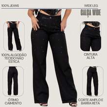 Calça Wide Leg Feminina Preta Cintura Alta Com Brilho Strass - Preto - Visão 6