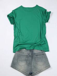 Ladies' St. Patrick's Day Green T-Shirt - Letter Leopard Print And Checkered Clover Heart Shape, Casual Short-Sleeved Round Neck - 綠色 - 查看 2