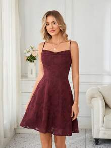 Wine Red Jacquard A-Line Elegant Spaghetti Strap Mini Dress Wedding - Red - View 5