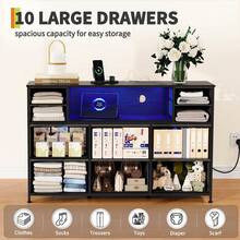 10 cajones de Tela, Soporte de TV con Centro de Entretenimiento con Toma de Corriente y luz LED para TV de 45 a 55 Pulgadas, cómoda con Tapa de Madera y estantes Abiertos para recámara, Sala de Estar - Gris Oscuro - Ver 6