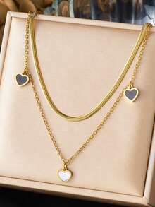 1 pieza de collar de joyería de acero inoxidable con colgante de luna, círculo de corazón blanco y negro, y cadena doble capa apilada con lazo de estilo elegante y sencillo chapado en oro - Blanco - Ver 5