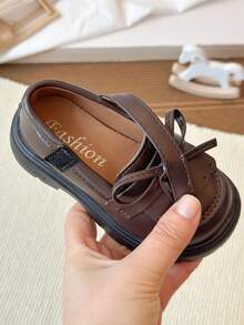 Girls' Flat Shoes With Bow Tie, British Style Leather Shoes - Brown - View 9