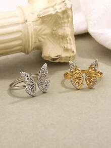 时尚奢华925纯银镂空蝴蝶锆石可调节戒指，女士款