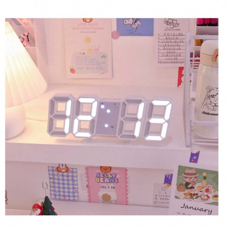 3D Digital Desk Clock With LED Modern Design, Night Light, Decorative Clock / Wall Mount. - trắng - Xem 1
