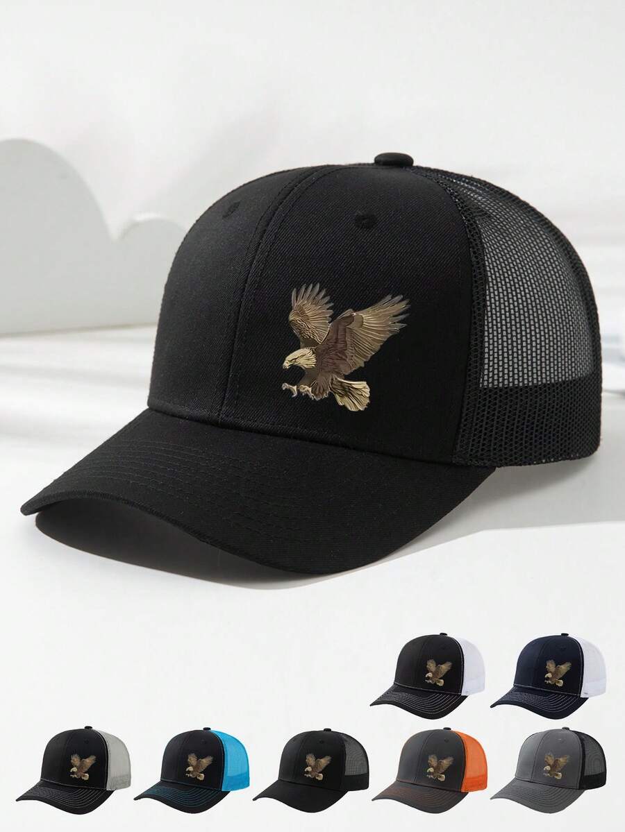 1顶男女通用棕色老鹰印花网眼棒球帽，透气、时尚、百搭，帽檐可调节，适合日常佩戴、聚会、户外活动、卡车司机帽。 - A - 查看 1