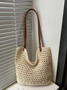 Elegant One Shoulder Beach Vacation Bag, Women's Woven Large Capacity New Straw Tote Bag For Commuting - Multicolor - View 8