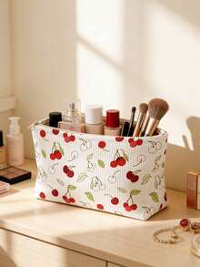 1pc Portable Cherry Pattern Double-Sided Print Zipper Cosmetic Bag, Multi-Functional Travel Toiletry Organizer