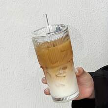 Large Vertical Stripe Cup With Lid And Straw, Specially Designed For Hot And Cold Drinks, Very Suitable For Coffee And Juice, This Reusable High-Quality Glass Is Versatile And Stylish, Very Suitable For Home Or Office Use. - Multicolor - View 6