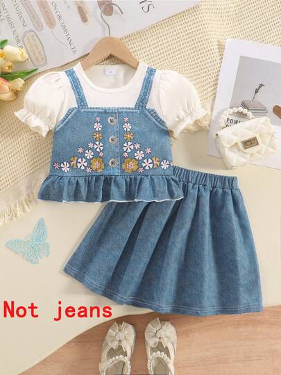 Set de 2 piezas de top de manga corta y falda con estampado floral en tela de punto suave y casual para niñas, adecuado para uso al aire libre, primavera/verano