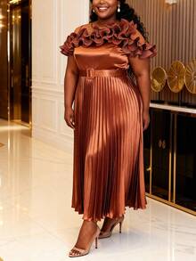 Plus Size Women Elegant Round Neck Ruffle Sleeve Pleated Long Dress With Belt, Suitable For New Year Party Dress - Brown - View 3