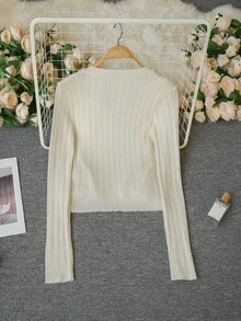 2件套 女士金属扣长袖针织开衫短外套+吊带背心，春夏款 - 杏色 - 查看 7