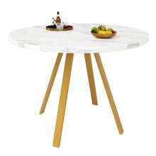 Round Dining Table (1 Piece), Kitchen Table, Unique Metal Frame, Modern Marble Pattern Dining Table, Suitable For Dining Room And Living Room, White/Black - 白色+金色 - 查看 5