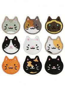 9片可爱猫咪刺绣熨烫贴片，多种颜色设计，适用于DIY衣服、帽子、鞋子和包包 - 可熨烫、可缝纫、带背胶的装饰徽章、刺绣贴片、可爱主题贴片、精致刺绣 - 彩色 - 查看 13