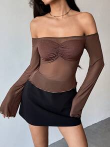 VIVINA Women's Spring/Summer Solid Color Mesh Ruffle Off-Shoulder Flare Sleeve Sexy Sheer Fashion Top, Suitable For Daily Outings, Elegant Banquet Parties And Other Occasions, Brown Sheer Top - Coffee Brown - View 6