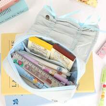 1 Piece Women's Cloud White With Ruched Ruffle Detail & Delicate Bow Accents Soft Puffy Nylon Pencil Pouch, Romantic & Feminine Style Multi-Functional Stationery Organizer With Spacious Zippered Compartment For Storing Pens, Highlighters, Cosmetics & Small Daily Essentials, Ideal For School, Office, Travel & On-The-Go Touch-Ups - 彩色 - 查看 4