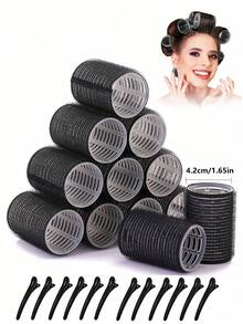 32件套自粘式卷发棒和发夹套装，包含18个自粘式卷发棒和12个鸭嘴夹，以及1个化妆包，适用于沙龙美发、DIY发型。 - 彩色 - 查看 8