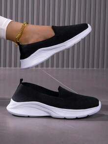 Women's Knitted Elastic Slip-On Casual Sneakers, Minimalist Versatile Lightweight Comfortable Soft-Sole Sock Shoes, Mesh Breathable Non-Slip Running Shoes - Black - View 1