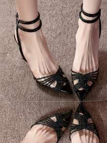 10厘米高跟尖头透明PVC水钻凉鞋，2026夏季新款婚宴鞋 - 黑色 - 查看 5