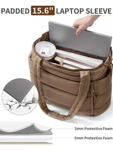 Puffer Tote Bag For Women, Lightweight Puffy Work Handbag Teacher Nurse Quilted Shoulder Bag For School Travel Gym - 深卡其色 - 查看 7