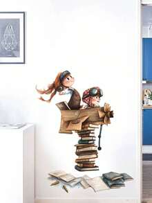 1pc Cute Pilot Girl Reading Book Airplane Stacked Books Wall Decal, Removable Wall Sticker For Bedroom, Living Room, Nursery - Brown - View 6