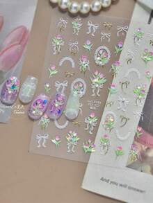 1 Sheet Spring Tulip Nail Art Stickers White Lace Bowknot Crystal Nail Stickers 5D Embossed Design Self-Adhesive Nail Art Decoration - Multicolor - View 2