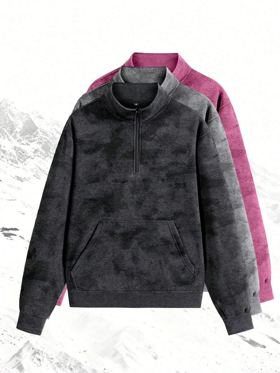 2026 Autumn New Tie-Dye Stand Collar Sweatshirt, Half-Zip Casual Comfortable Minimalist Long Sleeve Top - Black - View 1