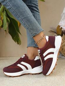 时尚百搭撞色厚底休闲运动鞋，条纹拼接设计，适合休闲、复古、职场、日常穿着、约会、度假等场合。 - 酒紅色 - 查看 4