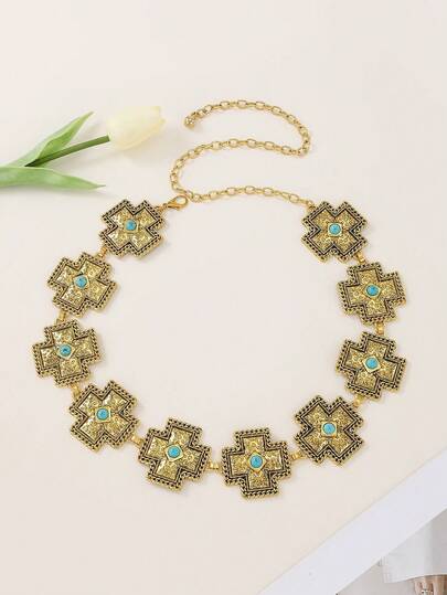 1pc Vintage Cross Zinc Alloy Boho Silver Metal Waist Belt, Creative Embossed Design For Dresses, Suitable For Spring, Summer, Autumn, Winter