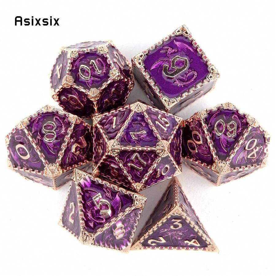 Asixsix 7pcs Purple Dragon Metal Dice Set, Solid Metal Polyhedral Dice Suitable For Role-Playing RPG Tabletop Card Games - Apricot - View 1