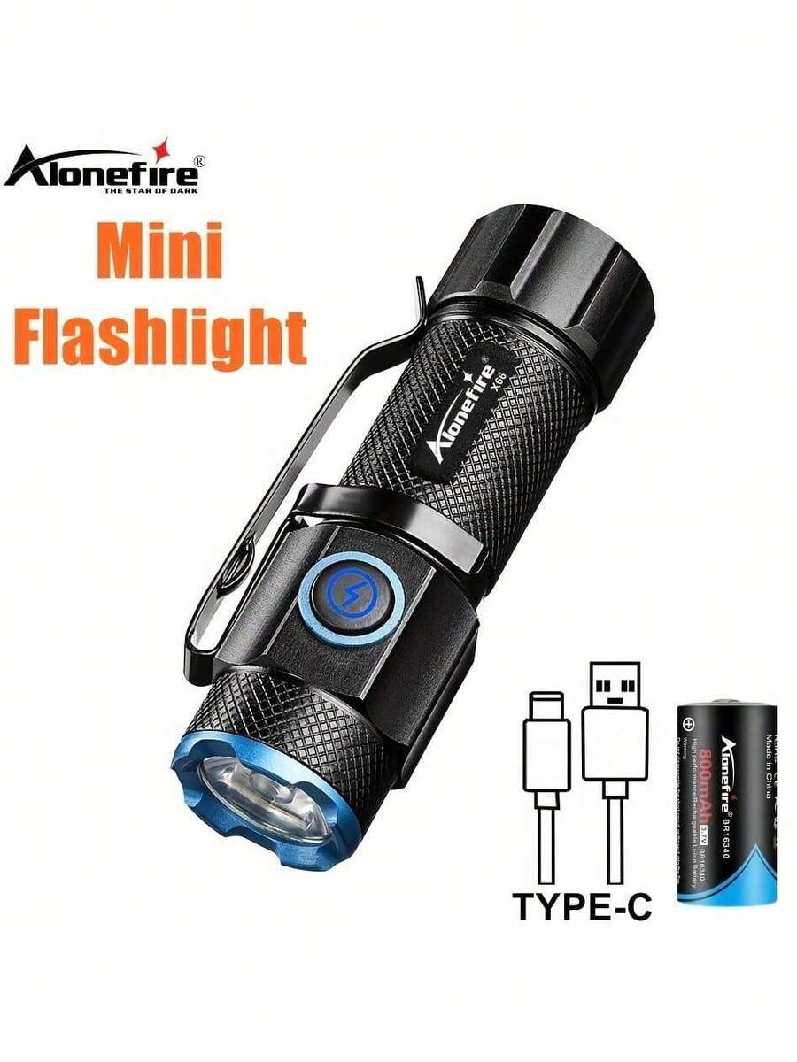 Alonefire X66 P50 LED 超亮迷你手电筒，手持式小型手电筒，Type-C USB 充电，便携式腰夹，夜间照明，适合女性背包口袋，户外和居家使用，包含 16340 电池