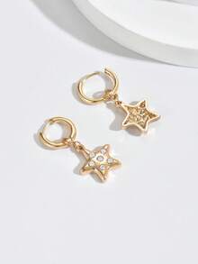 1 Pair Fashionable Rhinestone Star Hoop Earrings For Women, Suitable For Vacation And Daily Wear - Gold - View 3