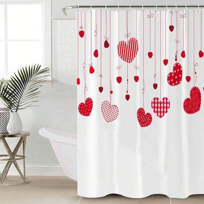 1pcp Valentine'S Day Heart-Shaped Pendant Shower Curtain Set, Perfect For Valentine'S Day Bathroom Decoration, Universal Room Decoration, Home Decoration Set, Bathroom Accessories Bathtub Curtain,