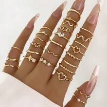 28pcs Gold Tone Stacking Rings Set - Heart, Star, Rhinestone, Wave Designs, Suitable For Women Everyday Jewelry Wear - 28-piece Set - View 1