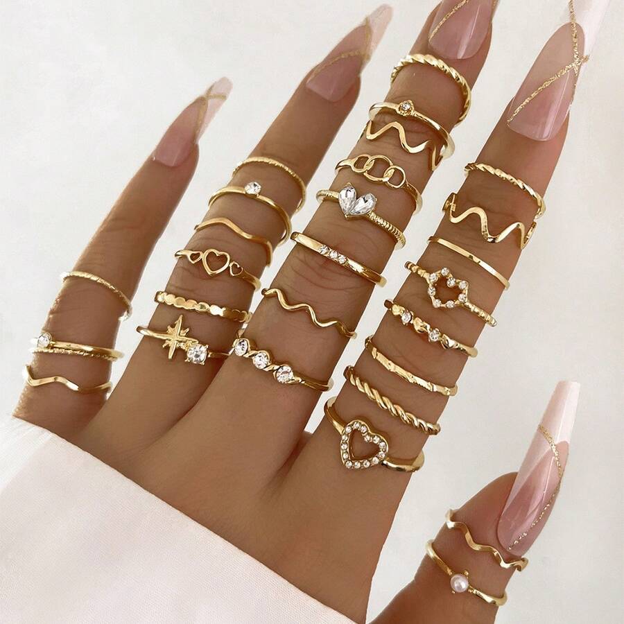 28pcs Gold Tone Stacking Rings Set - Heart, Star, Rhinestone, Wave Designs, Suitable For Women Everyday Jewelry Wear - 28-piece Set - View 1