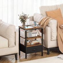 Mesita de Noche, Buró para Recamara, Vintage con Estación de Carga, 3 Niveles de Almacenamiento, 1 Cajones, Puertos USB y Tomas de Corriente - Buró Multifuncional para Dormitorio y Sala de Estar - Naranja Quemada - Ver 5