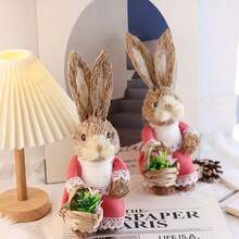 Straw Easter Bunny Figurines Rustic Rattan Rabbit Figure Tabletop Ornament For Living Room Party Decorations - D - View 3