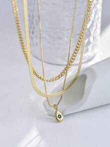 3件套嘻哈金属风叠戴项链套装，个性化水滴铜质微镶锆石吊坠项链，适合日常佩戴 - 金黃色 - 查看 7