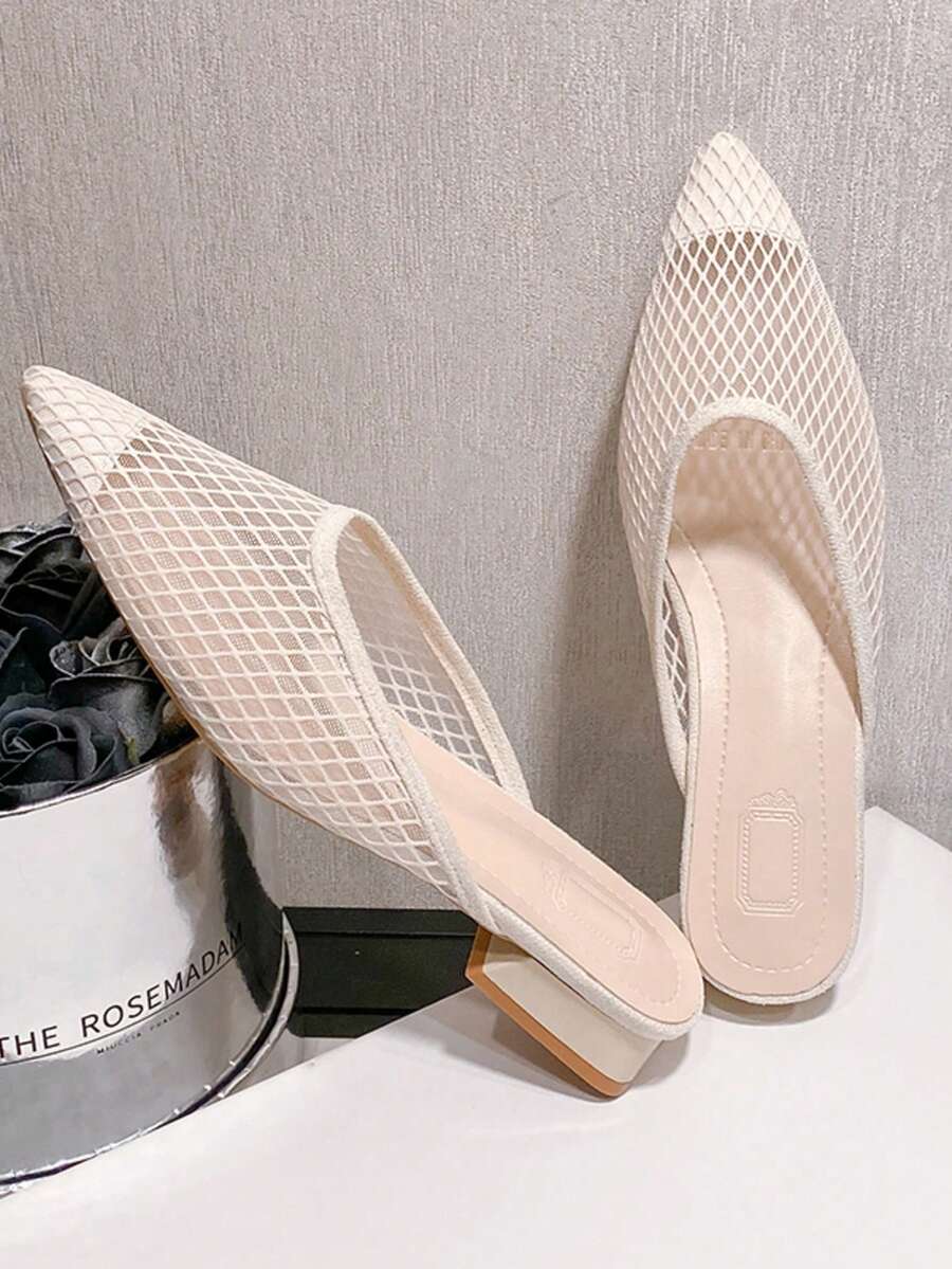 尖头平底凉鞋，无后跟穆勒拖鞋，青少年时尚拖鞋 - 米色 - 查看 1