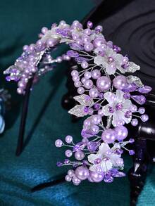 1件手工水晶珍珠新娘发箍，银色婚礼发饰，伴娘礼物，情人节女士发箍装饰 - 紫色 - 查看 6
