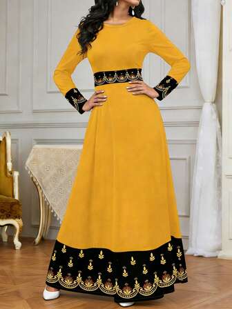 2026 Spring New Ramadan Middle Eastern Women Long Sleeve Dress: Casual Style Bright Yellow Contrast Gold Print Waist Design, Knit Round Neck, Suitable For Daily Commute, Elegant Light Gathering, Cruise Travel And Other Occasions