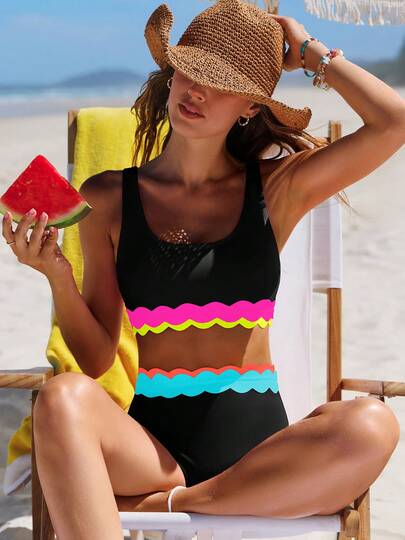 popvil Bộ bikini nữ xếp ly, áo ba lỗ và quần cạp cao, đồ bơi dễ thương phù hợp cho kỳ nghỉ hè và đi biển.