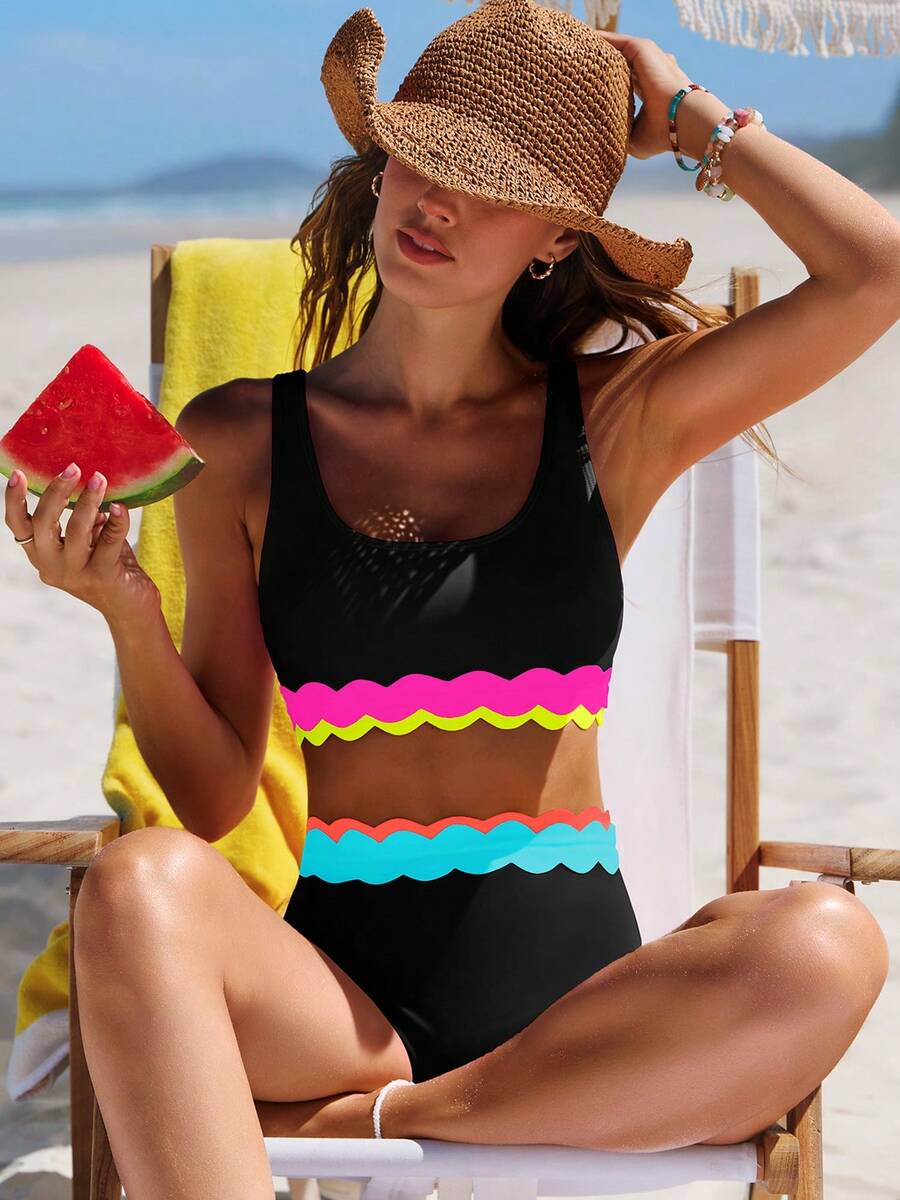 女士荷叶边比基尼套装，背心上衣和高腰泳裤，可爱泳装，适合夏季度假和海滩穿着 - 黑色 - 查看 1