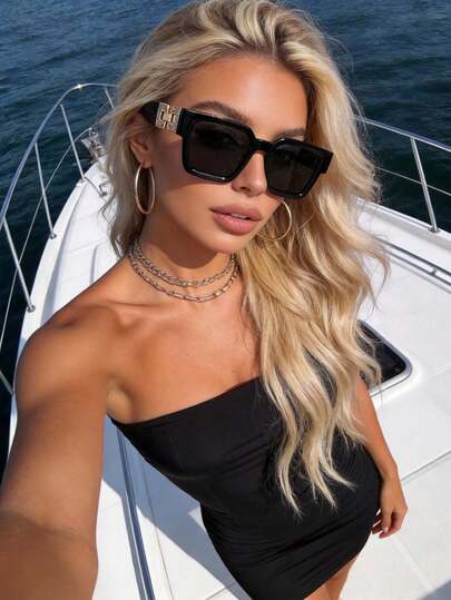 1pc Women's Geometric Frame Metal Chain Fashion Glasses, Fashionable For Outdoor Travel, Music Festivals And Other Occasions