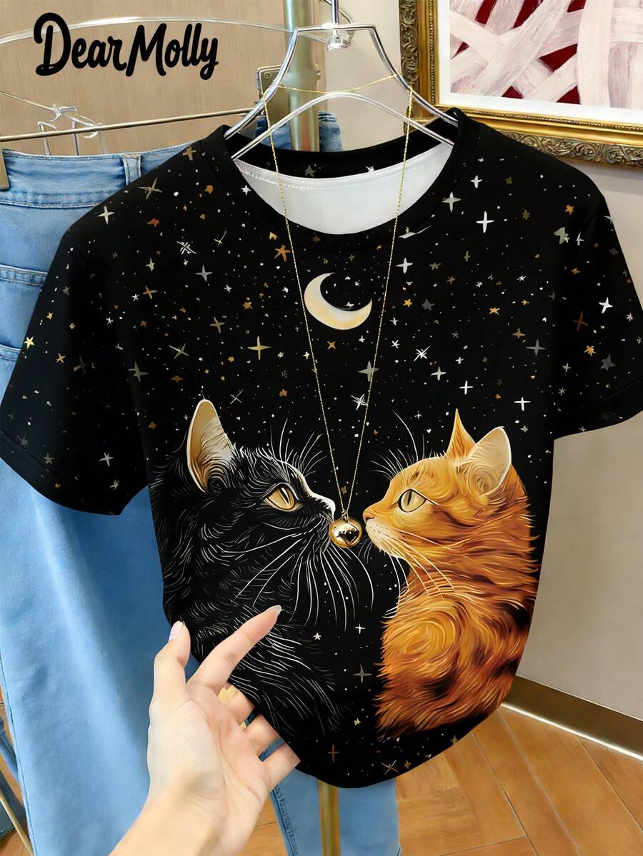 DEAR MOLLY Women's Casual Cute Cat & Starry Night Design Print Long Sleeve T-Shirt, Animal Pattern Round Neck Tee Suitable For All Seasons, Holiday & Daily Wear, Gift For Her On Valentine's Day - Multicolor - View 1