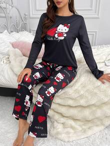 Sanrio 三丽鸥Hello Kitty女士轻薄长袖长裤睡衣套装，春夏秋季款 - 黑色 - 查看 5