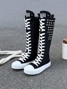 OPOEE Canvas Shoes, Mid-Top Sneakers For Children, Spring/Autumn, Korean Style, Unisex, Fashionable Low-Top, Casual Lace-Up Athletic Shoes, Classic High-Top Sneakers, All-Match Casual Sports Skateboard Shoes For Kids - 黑與白 - 查看 1